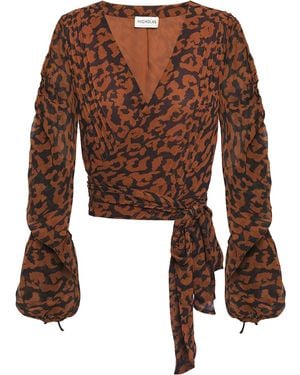 Nicholas Cutout Pintucked Leopard-print Silk-georgette Wrap Top - Brown