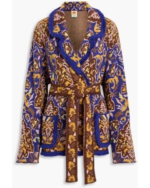 FARM Rio Belted Jacquard-Knit Cardigan - Blue