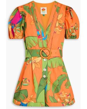 FARM Rio Belted Floral-print Cotton-poplin Playsuit - Orange
