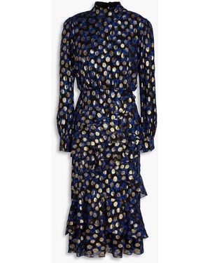Saloni Ruffled Metallic Polka-Dot Floral-Jacquard Midi Dress - Blue