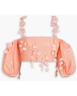 Zimmermann Cropped Floral-Appliquéd Linen And Silk-Blend Organza Top - Pink
