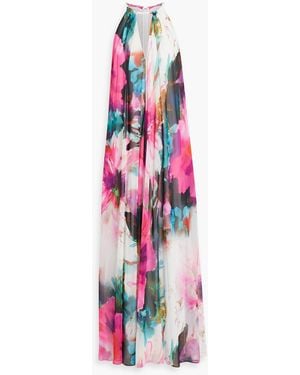 Badgley Mischka Gathered Printed Chiffon Maxi Dress - White
