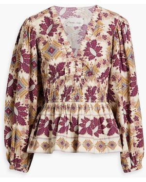 Cara Cara Emmery Shirred Printed Cotton-poplin Blouse - White