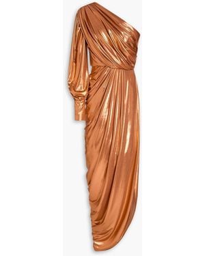 Rhea Costa Martina One-Sleeve Draped Lamé Gown - Orange