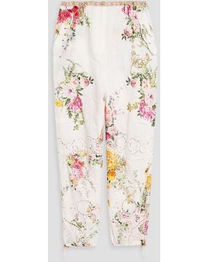 CAMILLA Floral-Print Broderie Anglaise Linen Tapered Pants - White