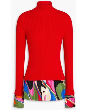PUCCI Twill-Paneled Ribbed Wool-Blend Turtleneck Jumper - Red