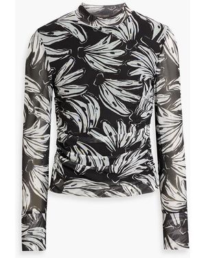 FARM Rio Ruched Printed Stretch-Mesh Top - Black