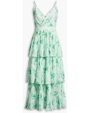 Maje Tiered Floral-Print Plissé-Chiffon Midi Dress - Green