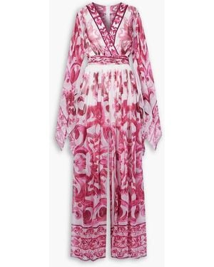 Dolce & Gabbana Majolica Belted Printed Silk-chiffon Jumpsuit - Red