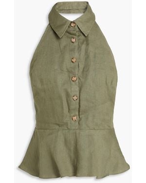 Veronica Beard Lancaster Linen Peplum Halterneck Top - Green