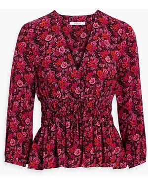 10 Crosby Derek Lam Gathe Floral-print Crepe De Chine Top - Red
