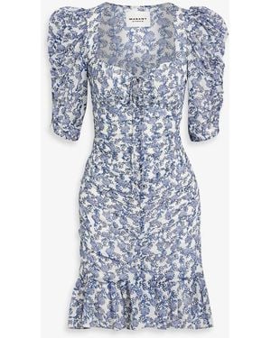 Isabel Marant Galdino Ruched Printed Cotton-Voile Mini Dress - Blue