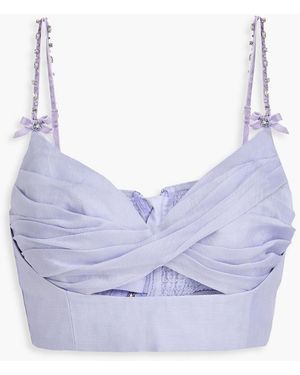 Zimmermann Crystal-Embellished Cutout Linen And Silk-Blend Bra Top - Blue