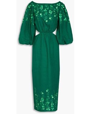 Saloni Neela Cutout Embroidered Linen Midi Dress - Green