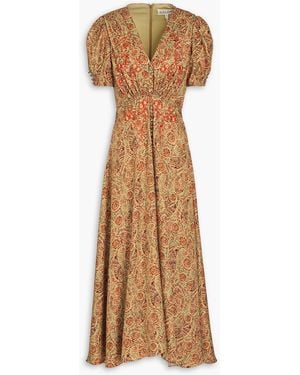 Saloni Lea Embroidered Printed Silk-Satin Jacquard Maxi Dress - Natural