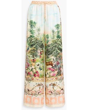 CAMILLA Printed Silk-Twill Wide-Leg Pants - Green