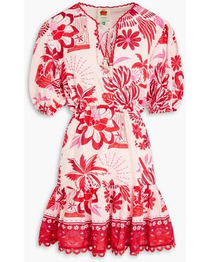 FARM Rio Crochet-Trimmed Printed Swiss-Dot Cotton Mini Dress - Red