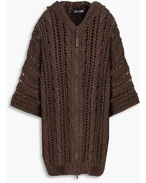 Brunello Cucinelli Bead-Embellished Open-Knit Jute-Blend Hooded Cardigan - Brown
