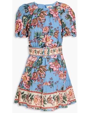 FARM Rio Belted Floral-print Cotton-blend Mini Dress - Blue