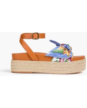 FARM Rio Printed Satin And Leather Platform Sandals - Brown