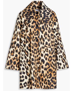 Ganni Leopard-print Hemp And Cotton-blend Coat - White