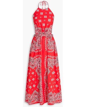 Sandro Cutout Printed Cotton Halterneck Midi Dress - Red