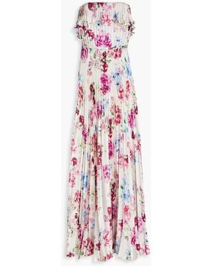 ML Monique Lhuillier Strapless Pleated Floral-print Hammered-satin Maxi Dress - White