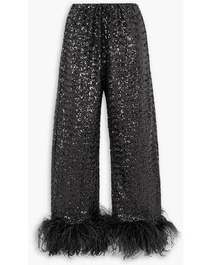 Oséree Feather-trimmed Sequined Satin Straight-leg Trousers - Black