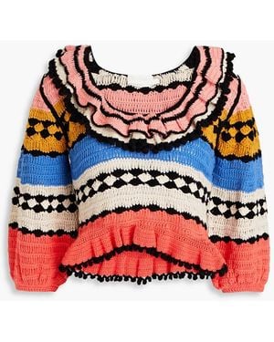 Zimmermann Ruffled Crocheted Cotton Sweater - Red