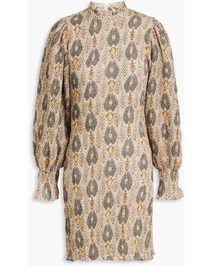 Antik Batik Animal Shirred Printed Crepe De Chine Mini Dress - Natural