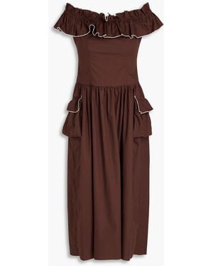 Shrimps Juliet Off-the-shoulder Ruffled Cotton-poplin Midi Dress - Brown