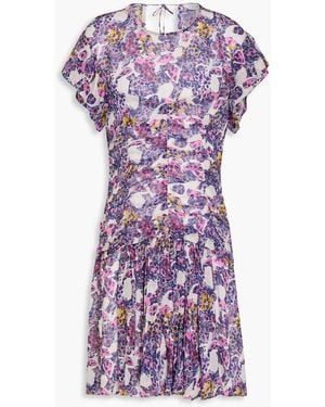 IRO Ruched Printed Crepon Mini Dress - Purple