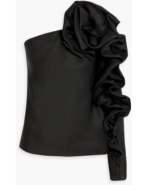 Carolina Herrera One-Sleeve Floral-Appliquéd Silk Top - Black