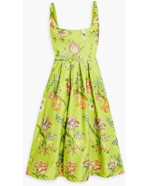Marchesa Embroidered Duchesse-satin Midi Dress - Yellow