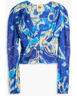 FARM Rio Printed Laser-Cut Cotton-Gauze Top - Blue
