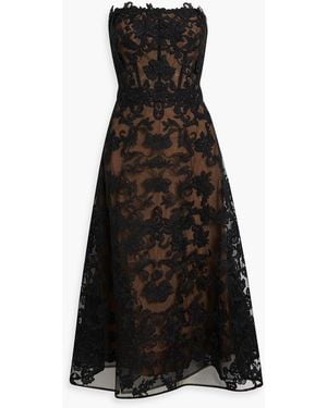 Marchesa Strapless Corded Lace Midi Dress - Black