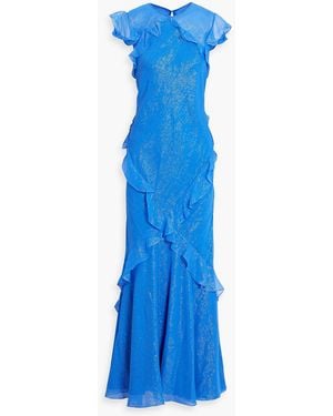 Saloni Tamara Ruffled Metallic Striped Silk-blend Chiffon Maxi Dress - Blue