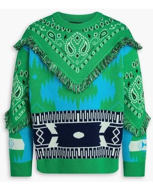 Alanui Fringed Jacquard-Knit Wool Sweater - Green