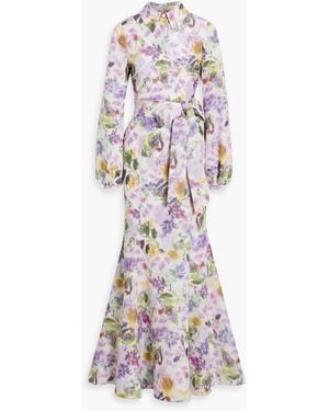 Badgley Mischka Floral-Print Taffeta Maxi Dress - White