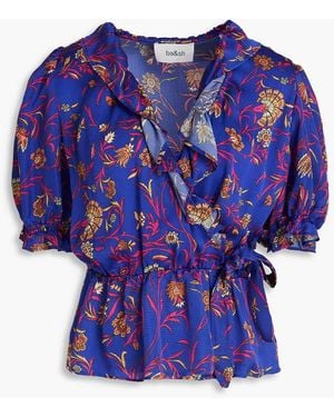 Ba&sh Gathered Printed Satin Wrap Top - Blue