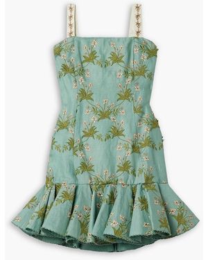 Agua Bendita Tumbao Orquidea Ruffled Appliquéd Embroidered Linen Mini Dress - Green