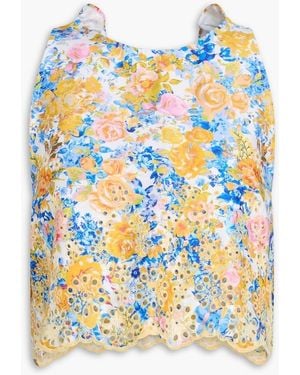 Kika Vargas Cropped Floral-Print Broderie Anglaise Cotton-Blend Top - Blue
