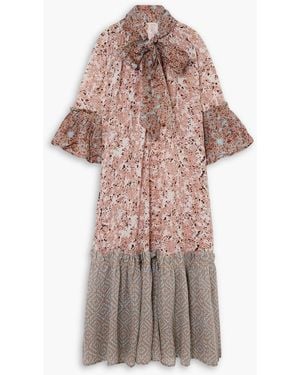 Yvonne S Angelica Pussy-bow Tiered Printed Cotton-voile Maxi Dress - Brown