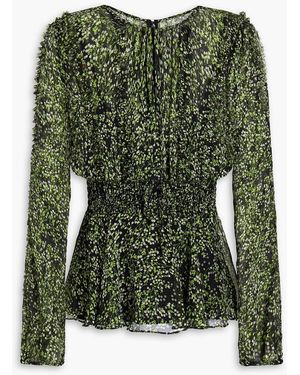 Mikael Aghal Shirred Floral-print Chiffon Blouse - Green
