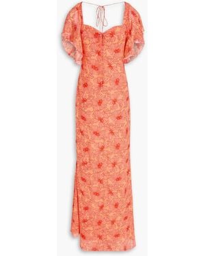 De La Vali Arabella Ruched Floral-Print Crepon Maxi Dress - Red