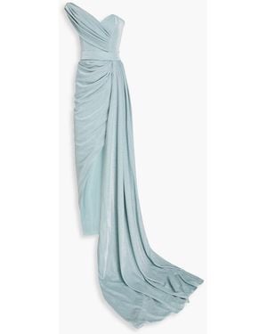 Rhea Costa One-shoulder Draped Metallic Jersey Gown - Blue