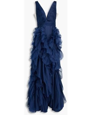 Marchesa Ruffled Silk-Organza Gown - Blue