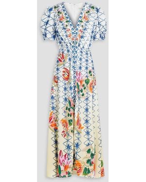 Saloni Lea Printed Silk-Jacquard Maxi Dress - White