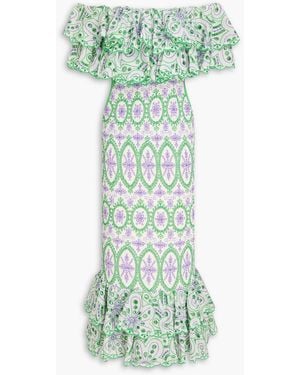Charo Ruiz Luisa Off-The-Shoulder Broderie Anglaise Cotton-Blend Midi Dress - Green