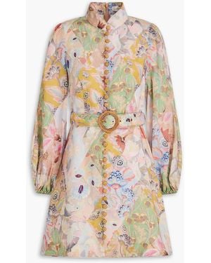 Zimmermann Belted Floral-print Linen Mini Dress - Multicolour